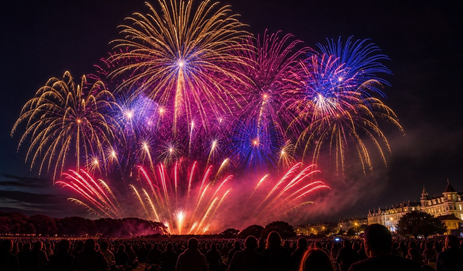 Colourful fireworks above spectators in a Southport-style park