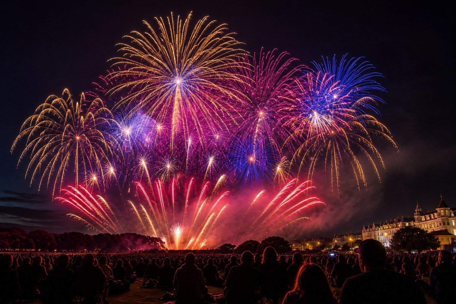 Colourful fireworks above spectators in a Southport-style park