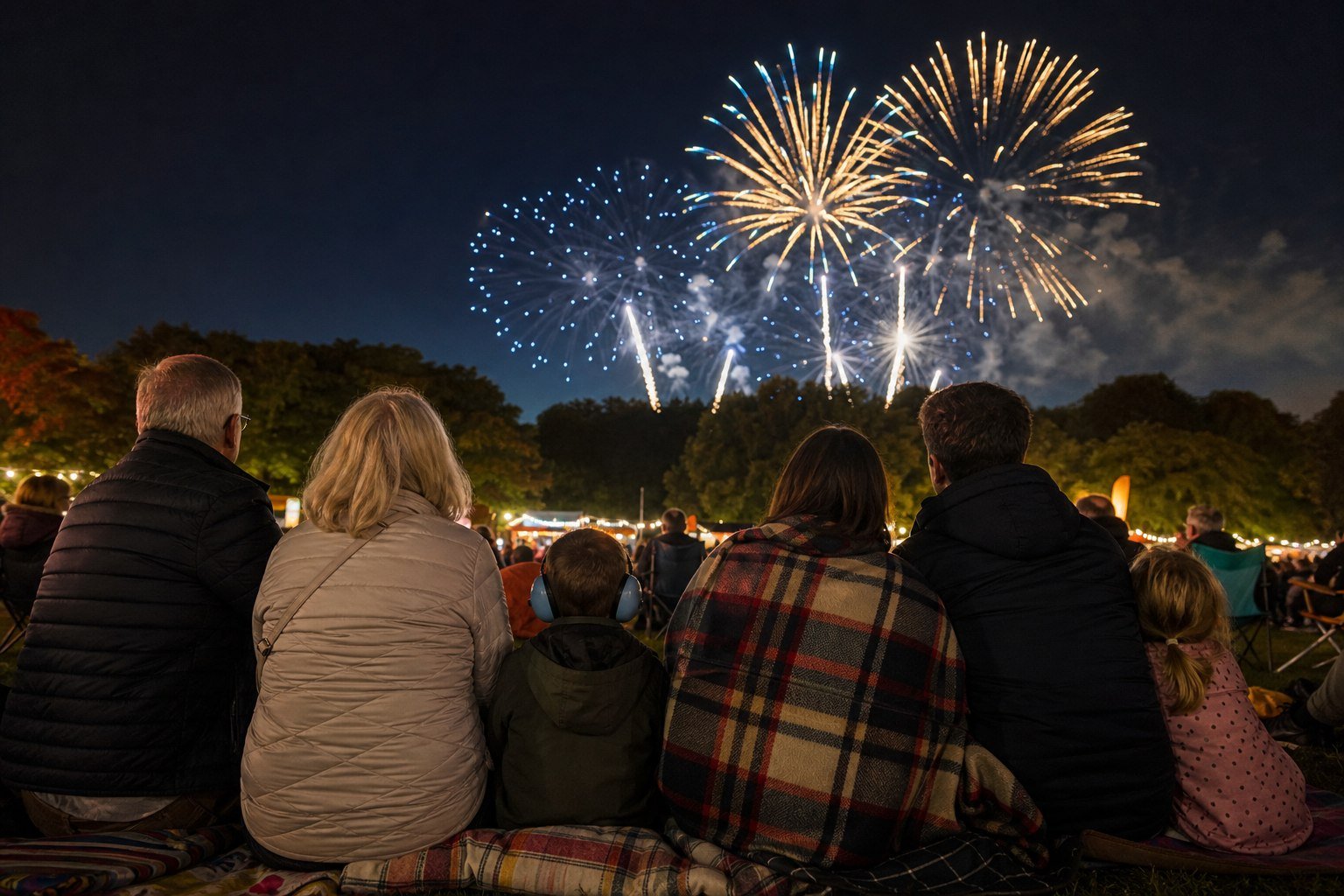 Family watching fireworks in a British park with a child wearing ear defenders