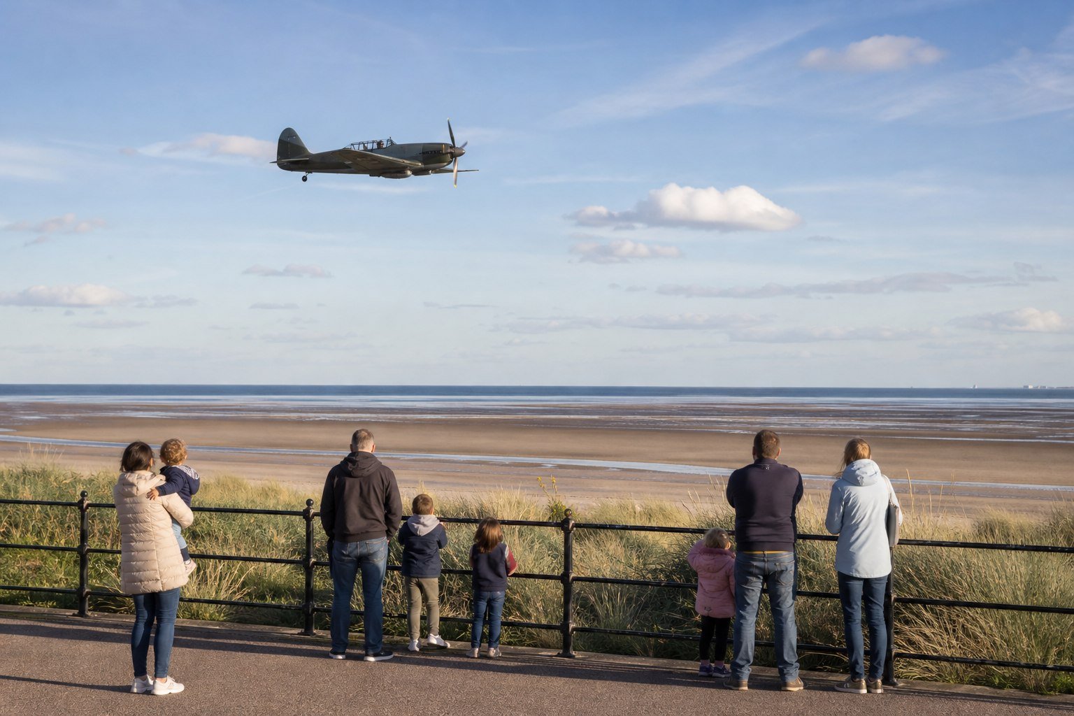 A heritage aircraft flying above the Southport-style coastline