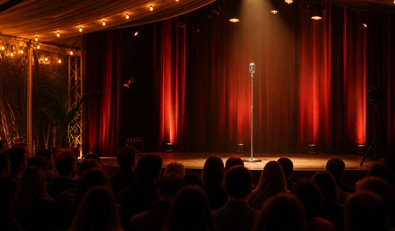 Stand-up microphone on stage inside a warmly lit comedy festival marquee