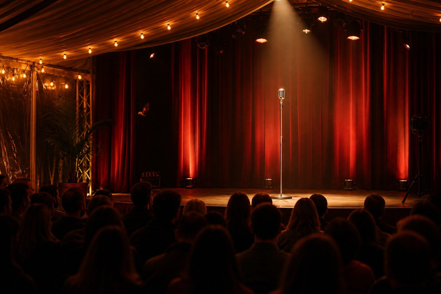 Stand-up microphone on stage inside a warmly lit comedy festival marquee