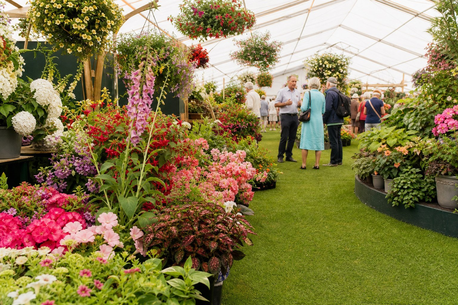 Visitors exploring colourful displays in a flower-show marquee