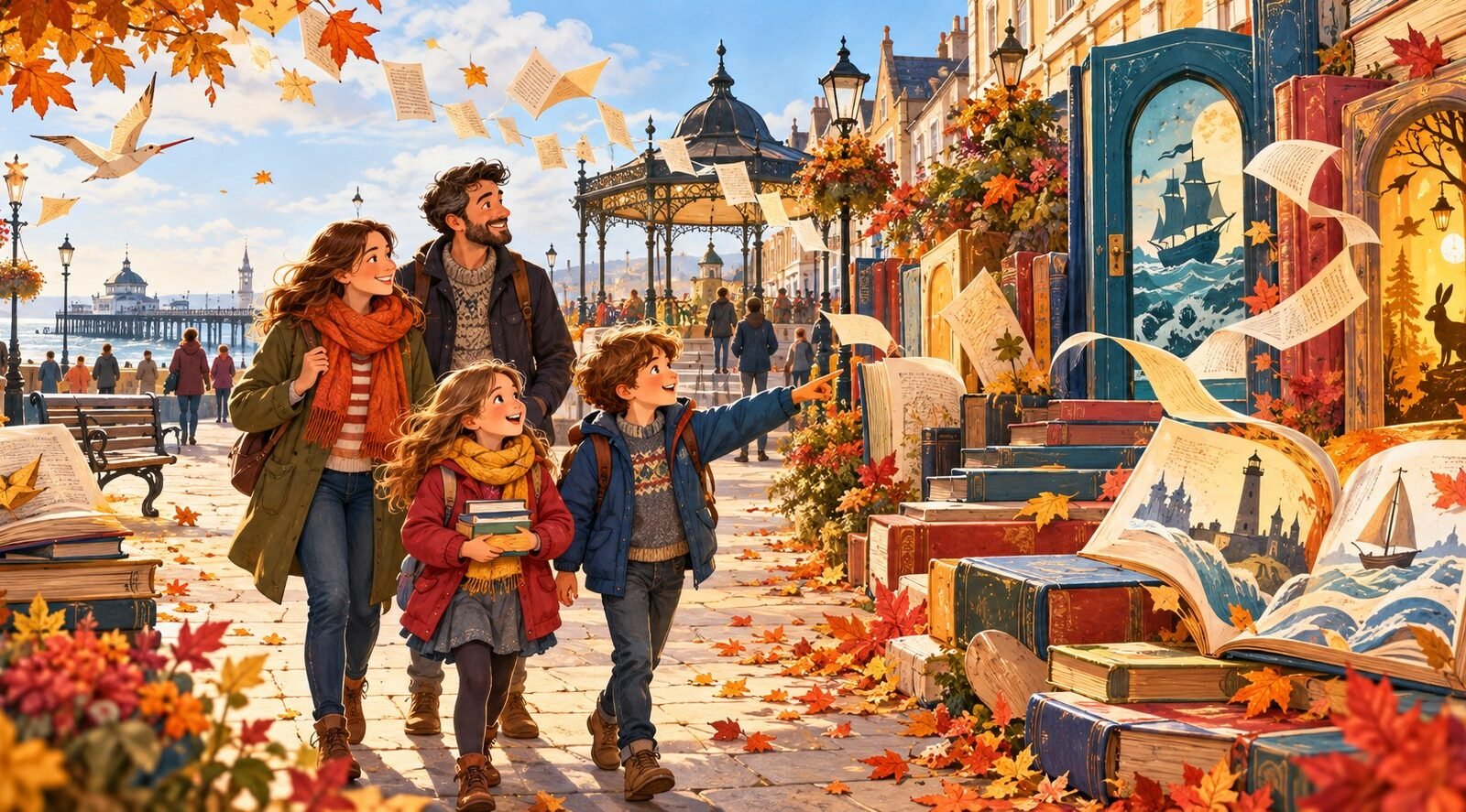 Illustration of a family exploring storybook scenes in an autumn seaside town
