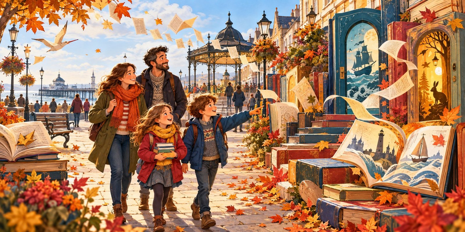 Illustration of a family exploring storybook scenes in an autumn seaside town