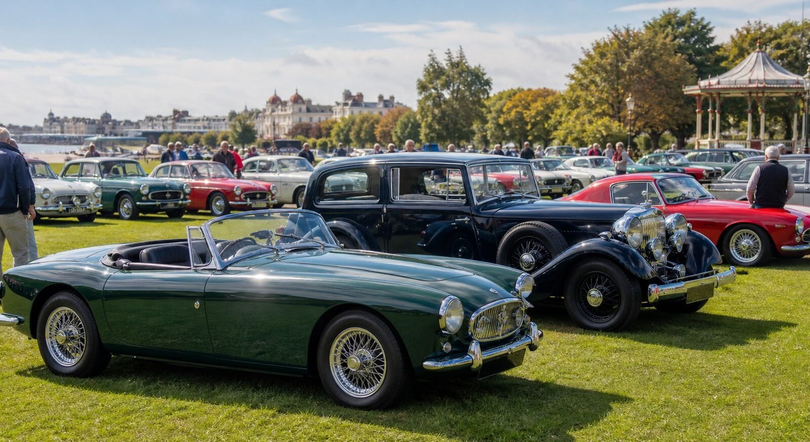 Classic cars displayed on the lawns of a British coastal park