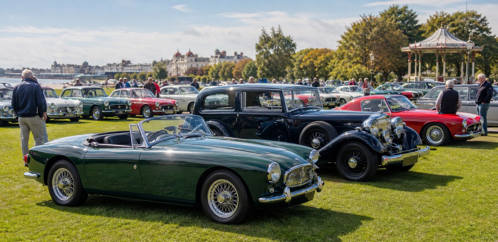 Classic cars displayed on the lawns of a British coastal park
